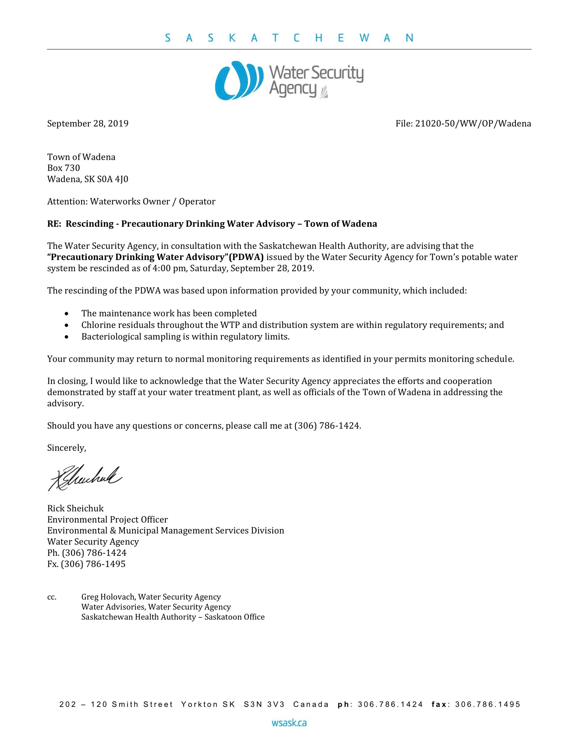 20190928 - Rescinding Wadena PDWA